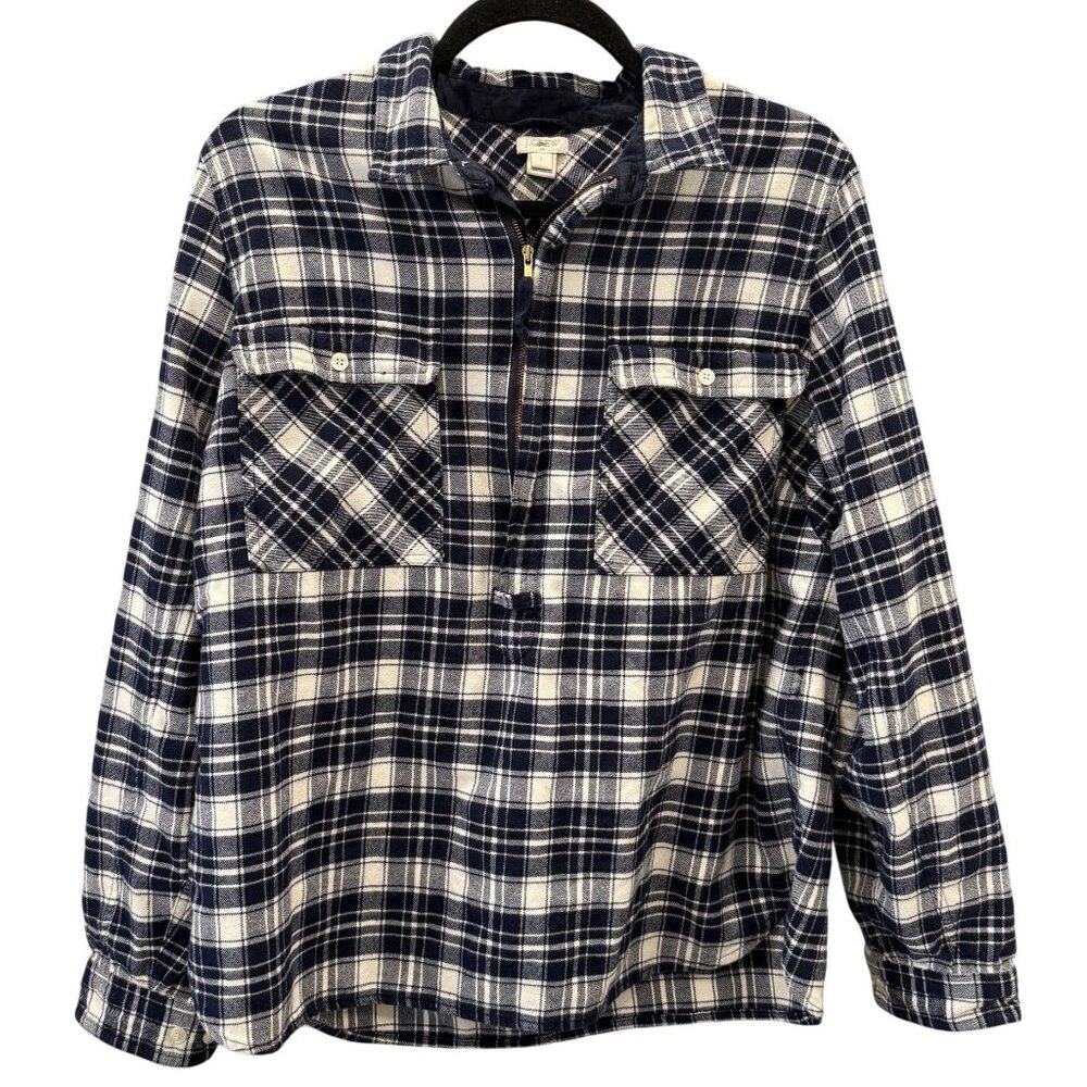 J. Crew Womens Half Zip Flannel Plaid Shirt Large Navy Ivory Long Sleeve Cozy